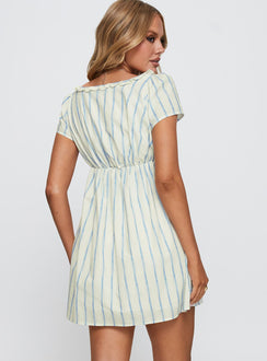 back view of model wearing Princess Polly Monsterrat Mini Dress Blue Stripe Sweetheart Neckline 