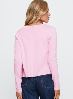 back view of model wearing Princess Polly Old Burlington Knit Cardigan Pink Cropped Jumpers Jumpers 