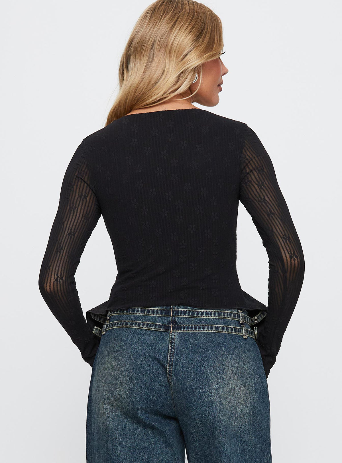 back view of model wearing Princess Polly Moderna Long Sleeve Lace Top Black Full Sleeves Scoop Neck 