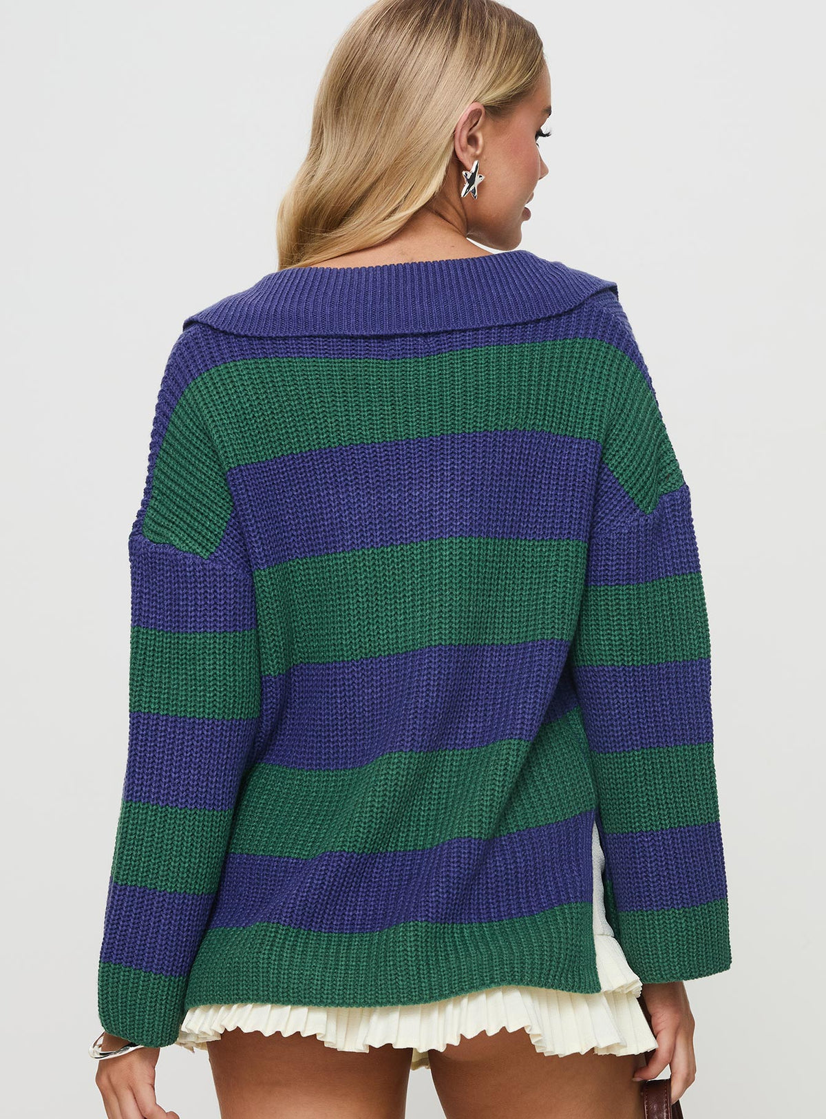 back view of model wearing Princess Polly Olivah Jumper Blue / Green Longline Jumpers Jumpers 