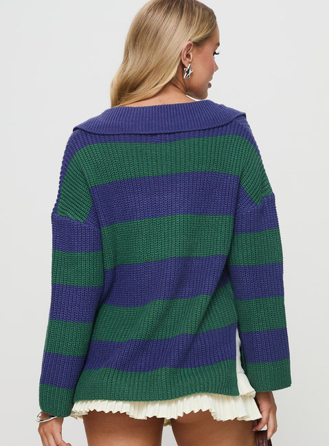 back view of model wearing Princess Polly Olivah Jumper Blue / Green Longline Jumpers Jumpers 