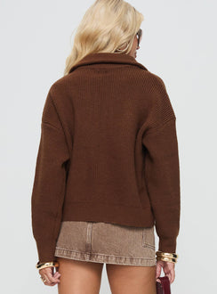 back view of model wearing Princess Polly Too Busy Zip Up Sweater Chocolate Cropped Jumpers Jumpers 