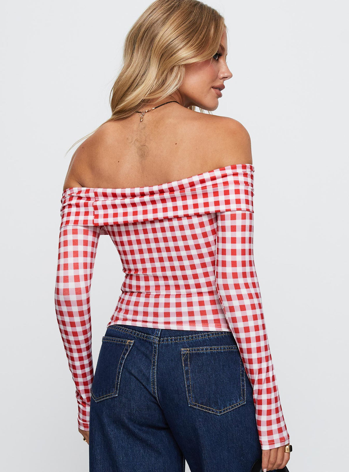 back view of model wearing Princess Polly Singular Off The Shoulder Long Sleeve Top Red Check Full Sleeves straight 