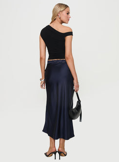 back view of model wearing Princess Polly The Charmaine Maxi Skirt Navy Midi Skirts Skirts 