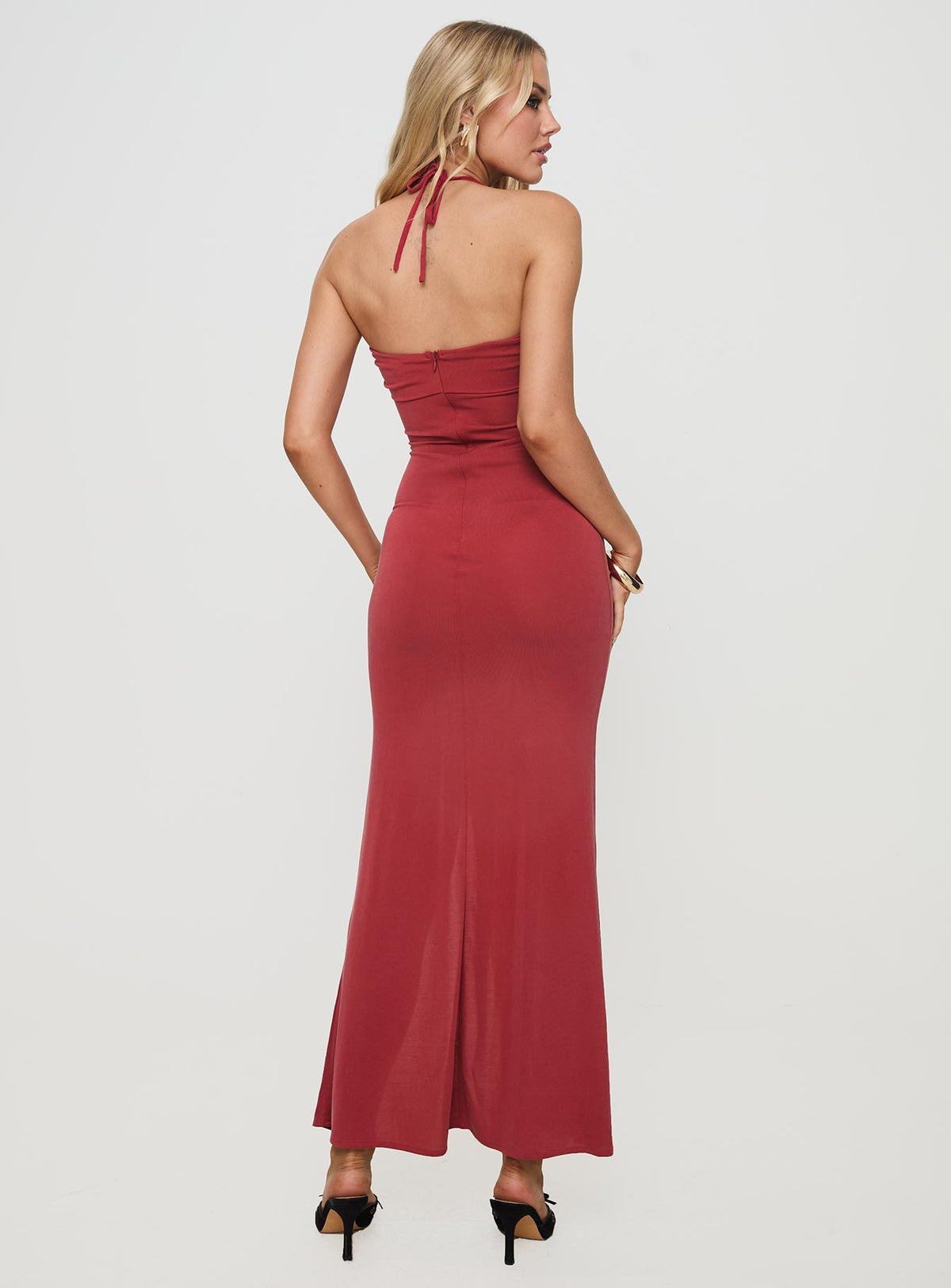 back view of model wearing Princess Polly Destinations Maxi Dress Red Plunger 