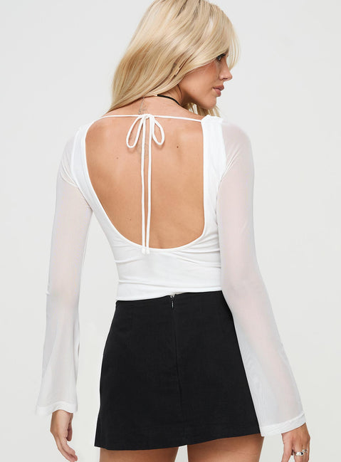 back view of model wearing Princess Polly Lukea Long Sleeve Bodysuit White Long Sleeve Tops Bodysuit 