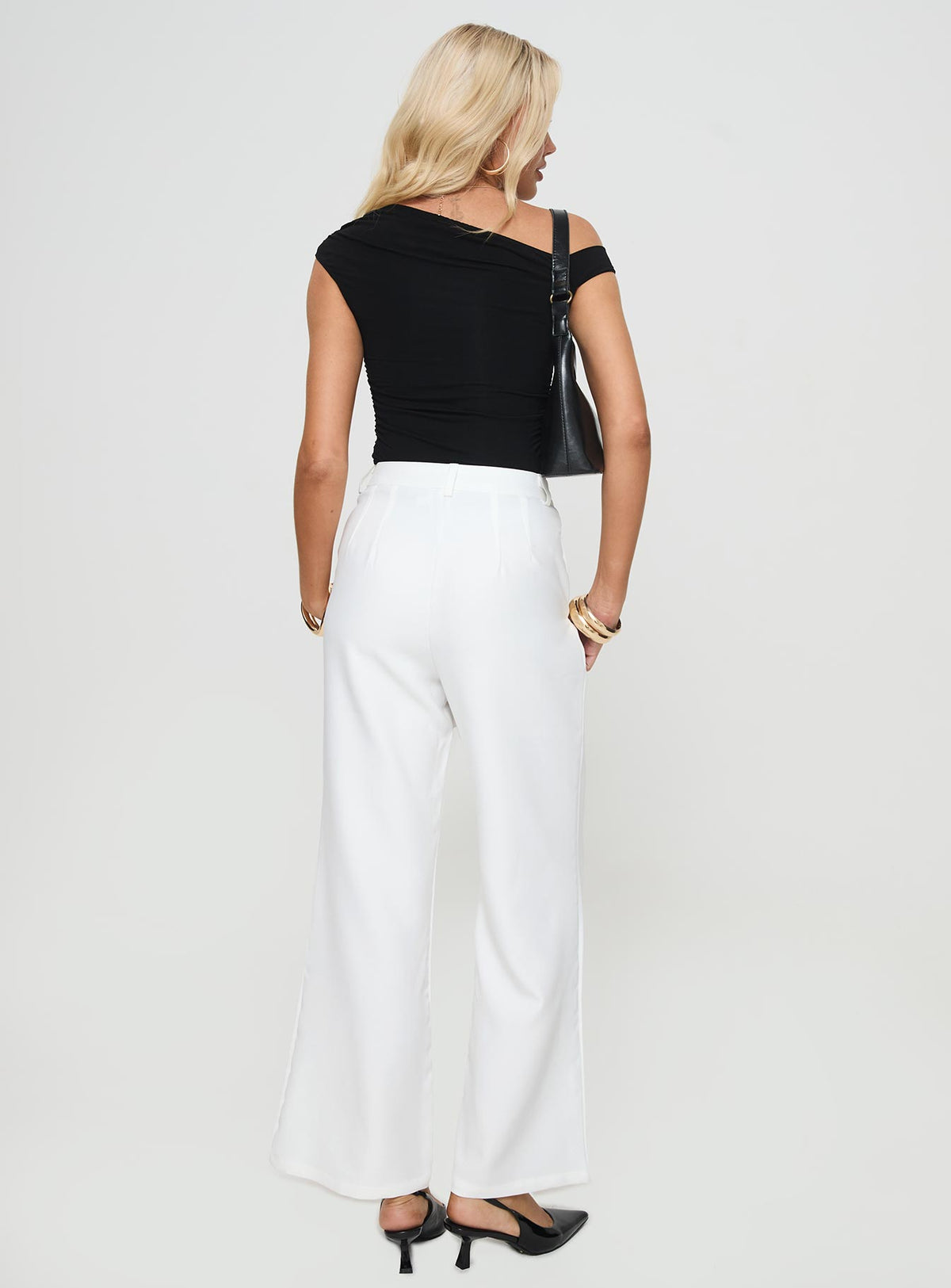 back view of model wearing Princess Polly Jazzar Pocket Detail Pleated Pant White High Rise Pants Pants 