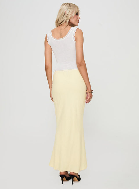 back view of model wearing Princess Polly Mercer Linen Blend Maxi Skirt Lemon Maxi Skirts Skirts 