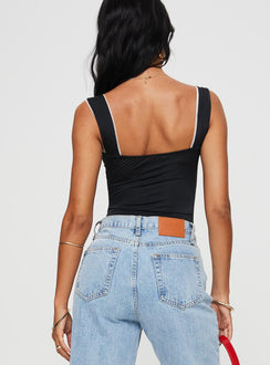 back view of model wearing Princess Polly Keating Bodysuit Black Sleeveless Bodysuit 
