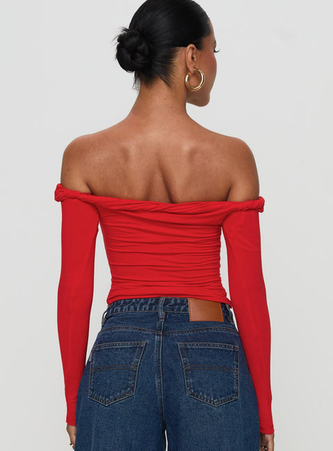 back view of model wearing Princess Polly Dusky Long Sleeve Top Red Full Sleeves straight 