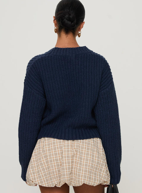 back view of model wearing Princess Polly Osias Cable Knit Cardigan Navy Cropped Jumpers Jumpers 