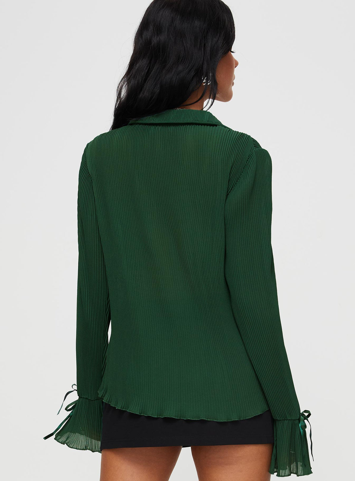 back view of model wearing Princess Polly Ravil Shirt Forest Green Full Sleeves V-Neck 