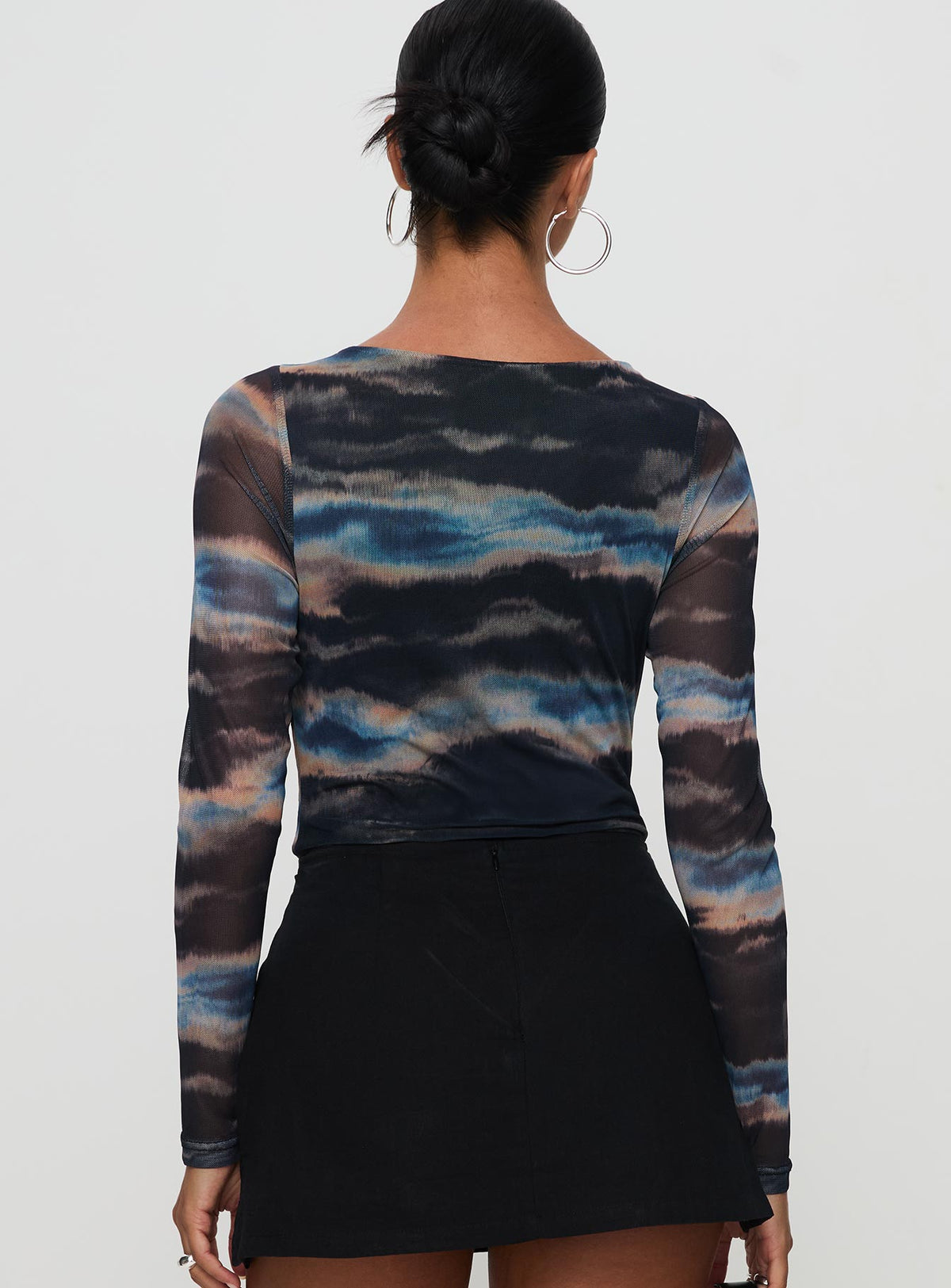 back view of model wearing Princess Polly Agate Long Sleeve Bodysuit Multi Long Sleeve Tops Bodysuit 