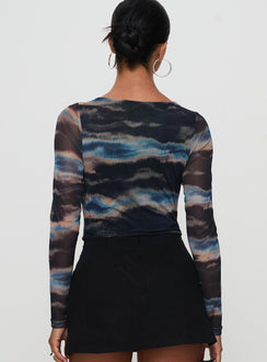 back view of model wearing Princess Polly Agate Long Sleeve Bodysuit Multi Long Sleeve Tops Bodysuit 
