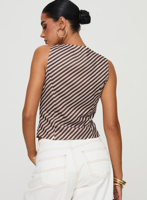 back view of model wearing Princess Polly Lishar Top Brown Stripe Sleeveless V-Neck 