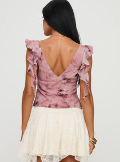 back view of model wearing Princess Polly Miztry Top Pink Short Sleeves V-Neck 
