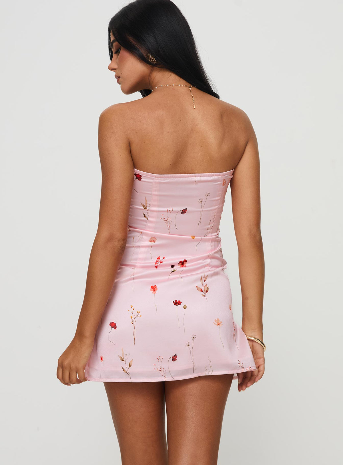 back view of model wearing Princess Polly Irena Strapless Mini Dress Pink Floral Sweetheart Neckline 