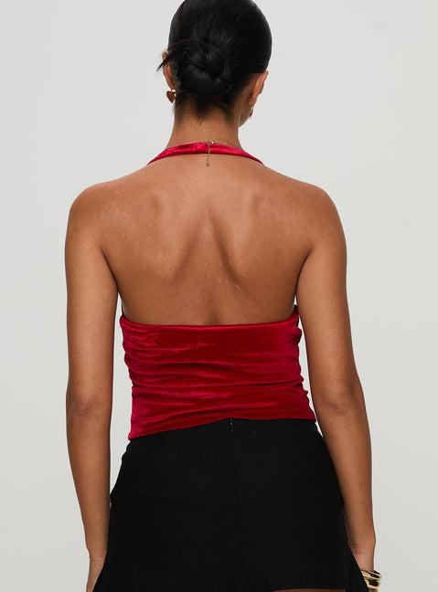 back view of model wearing Princess Polly Tuberose Halter Top Red Sleeveless V-Neck 