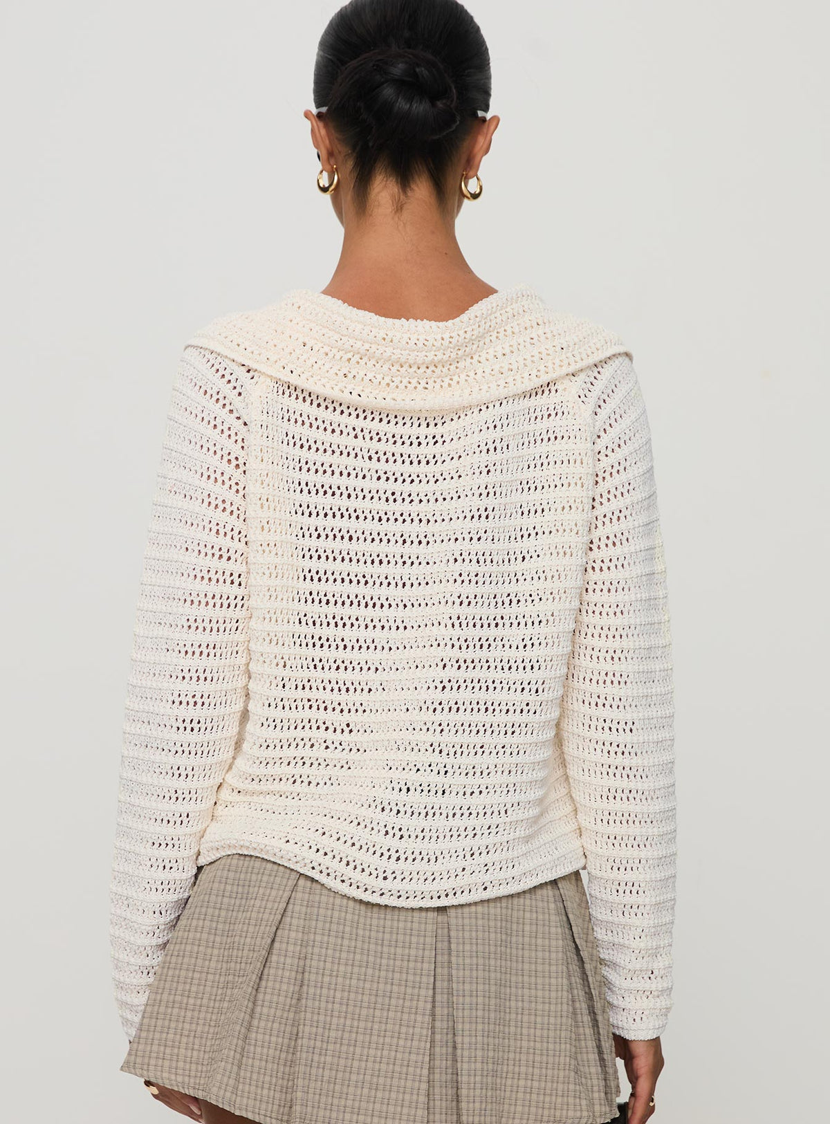 Highlighting the Tuscon Crochet Sweater White womens-jumpers with short length back view of model wearing Princess Polly