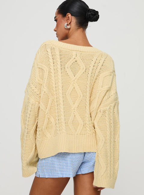 back view of model wearing Princess Polly Daxtan Cable Cardigan Lemon Cropped Jumpers Jumpers 