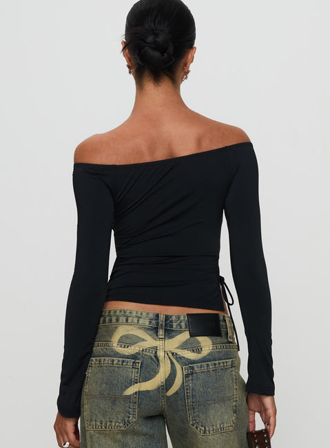back view of model wearing Princess Polly Endellion Off Shoulder Long Sleeve Top Black Full Sleeves straight 
