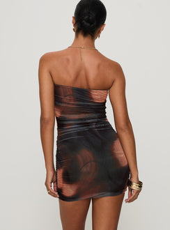 back view of model wearing Princess Polly Micah Mini Dress Brown Multi Straight Neck 