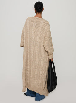 back view of model wearing Princess Polly Orkid Cable Knit Cardigan Beige Longline Jumpers Jumpers 