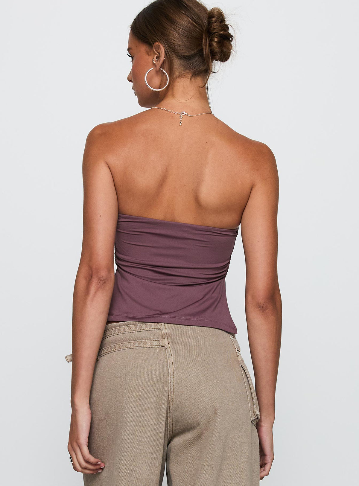 back view of model wearing Princess Polly Round The World Strapless Purple Sleeveless straight 