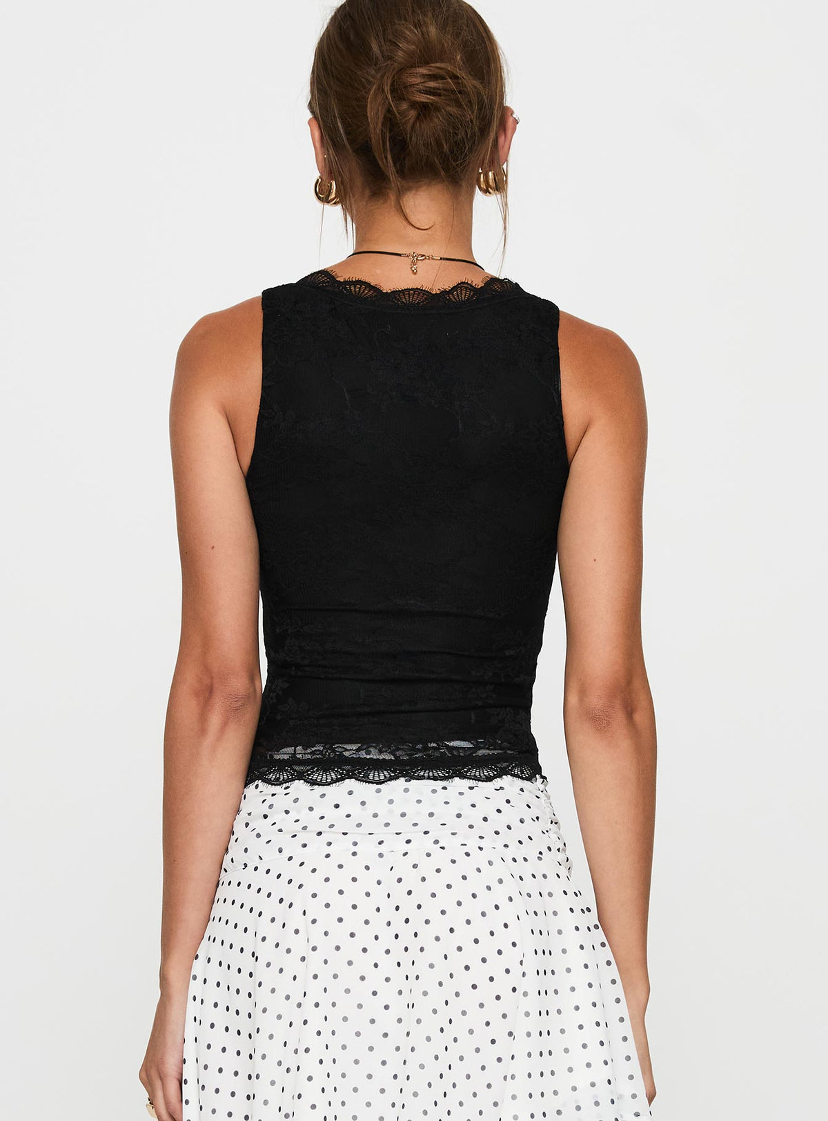 back view of model wearing Princess Polly Far Away Top Black Sleeveless V-Neck 