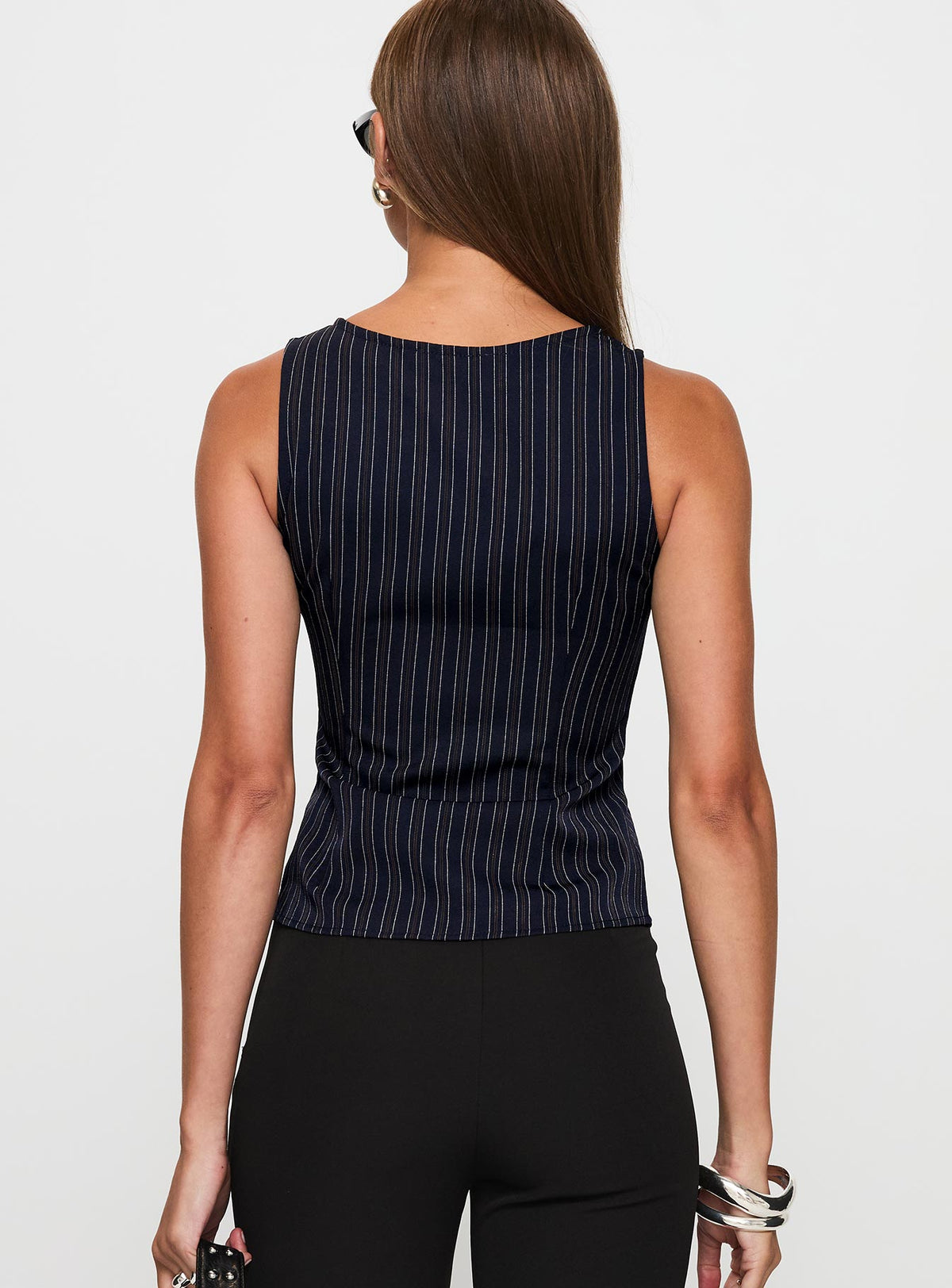 back view of model wearing Princess Polly Running Wild Top Blue Stripe Sleeveless Crew Neck 