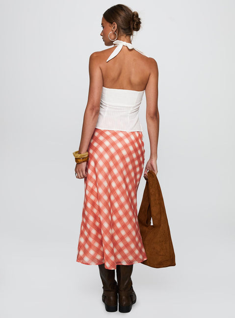 back view of model wearing Princess Polly Living Color Maxi Skirt Orange Gingham Midi Skirts Skirts 
