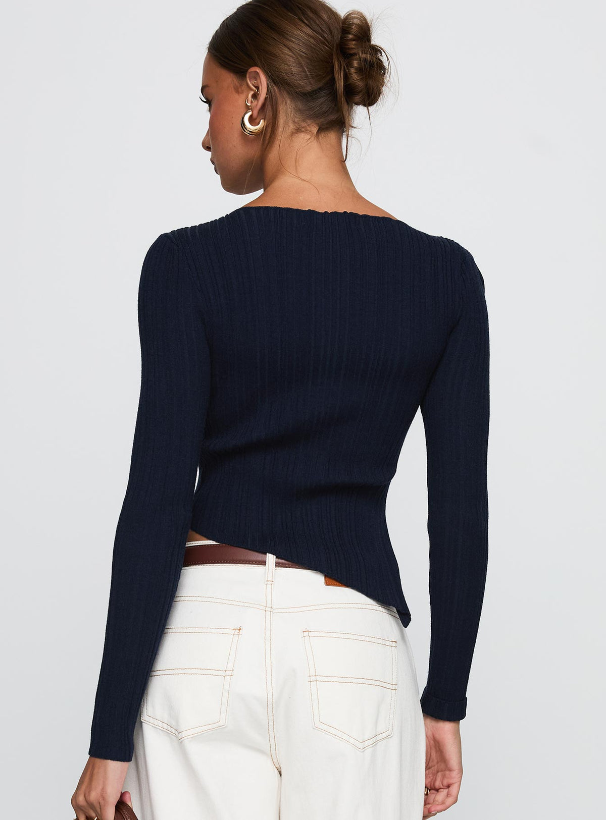 back view of model wearing Princess Polly Ellara Long Sleeve Top Blue Full Sleeves High Neck 