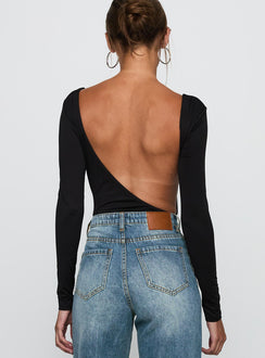 back view of model wearing Princess Polly Look This Good Backless Bodysuit Black Long Sleeve Tops Bodysuit 