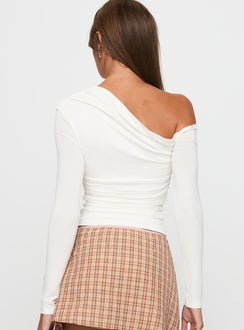 back view of model wearing Princess Polly Beller Long Sleeve Top White Full Sleeves Asymmetric Neckline 
