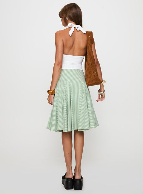 back view of model wearing Princess Polly Evangaleine Pleat Midi Skirt Green / White Midi Skirts Skirts 