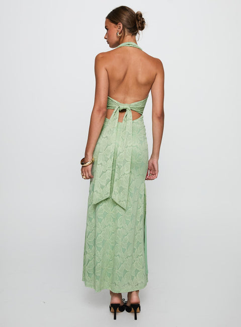 back view of model wearing Princess Polly Starfall Halter Maxi Dress Sage Cowl Neck 