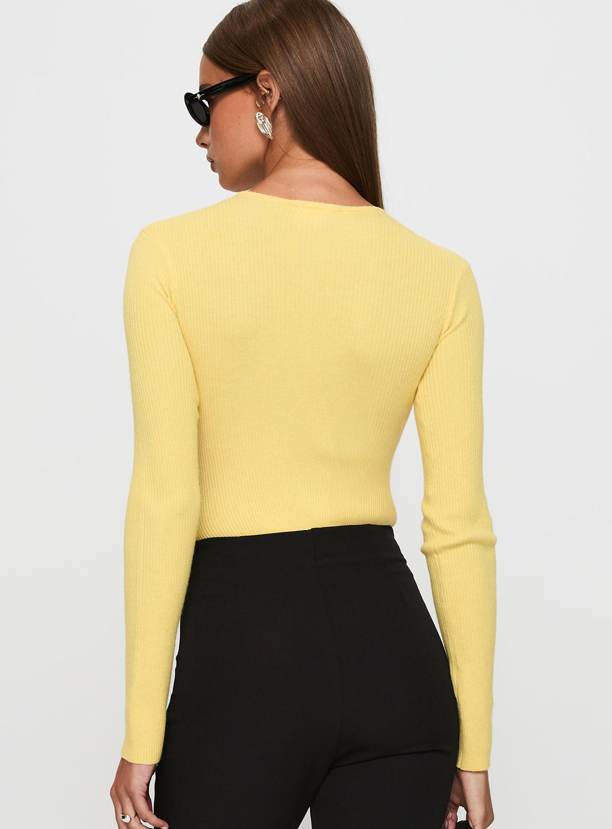 back view of model wearing Princess Polly Kerra Long Sleeve Bodysuit Lemon Long Sleeve Tops Bodysuit 