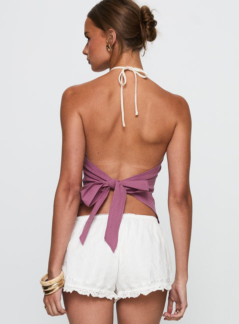 back view of model wearing Princess Polly Carmelah Top Purple / White Sleeveless Asymmetric Neckline 
