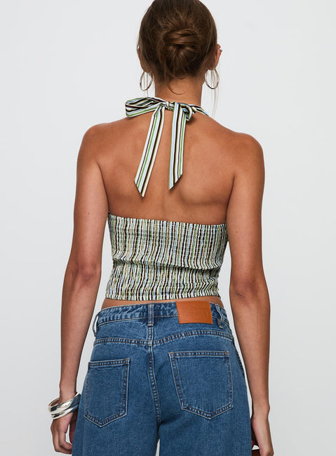 back view of model wearing Princess Polly High Gear Halter Top Multi Sleeveless V-Neck 