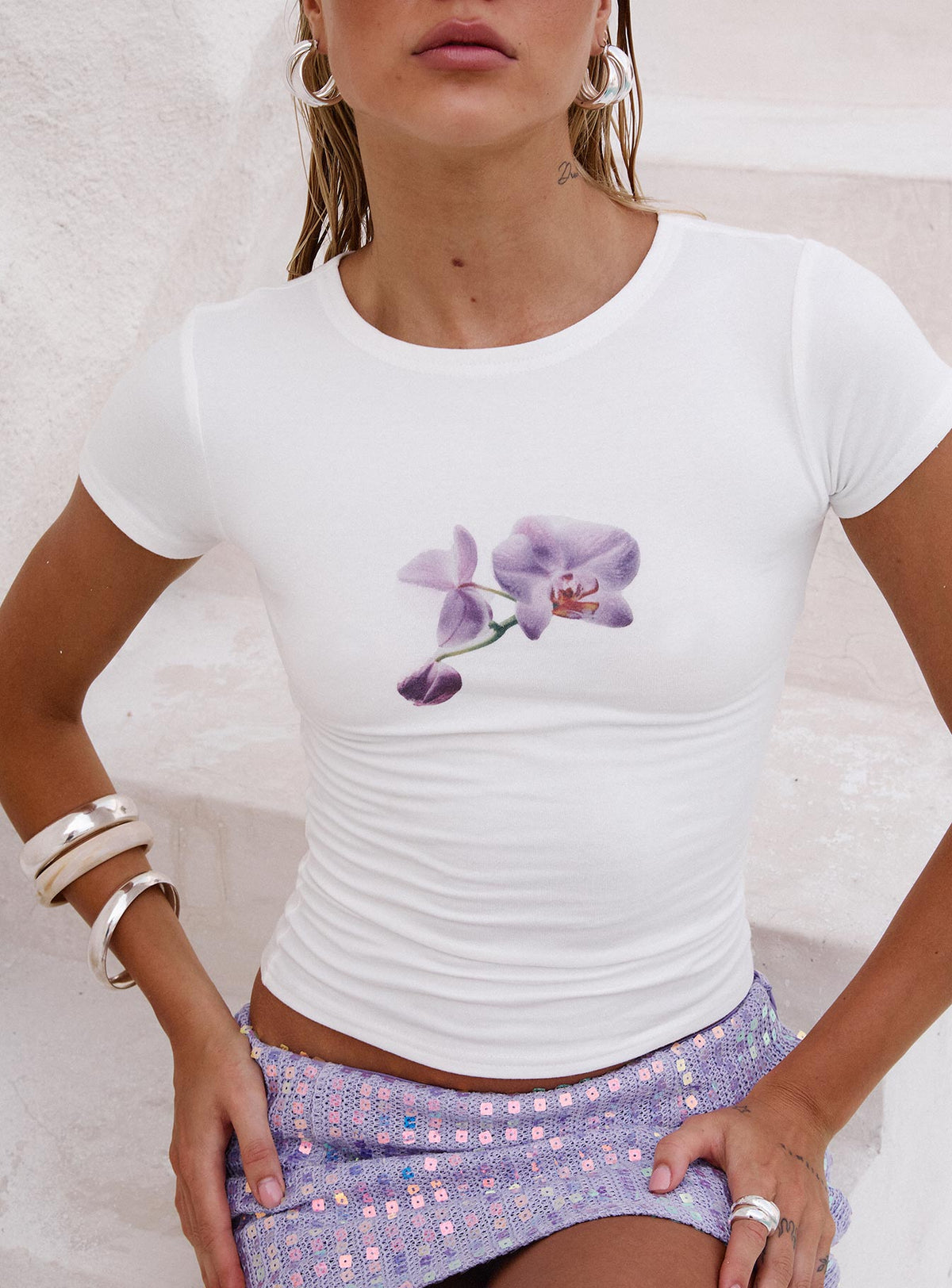 front view of model wearing Princess Polly New Light Graphic Top White Short Sleeves Crew Neck 