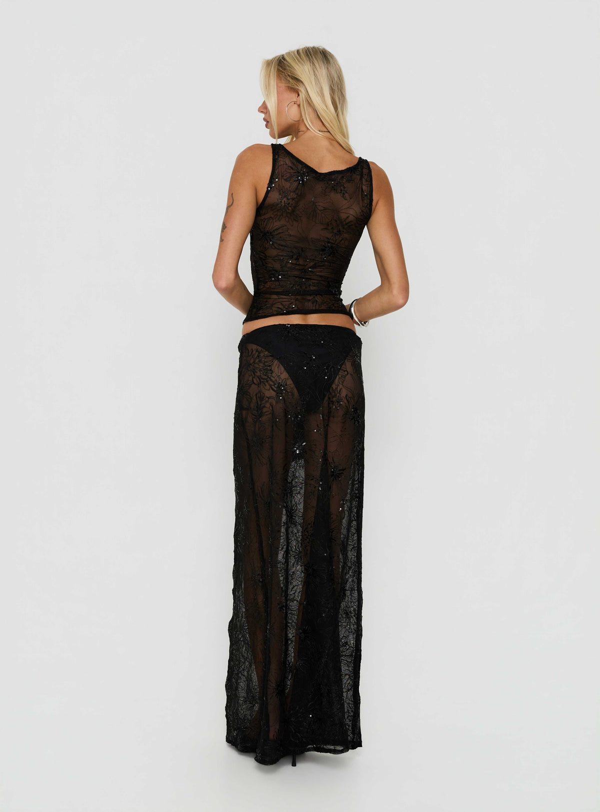 Hayess Sheer Embroidered Maxi Skirt Black womens-skirts in maxi length back view of model wearing Princess Polly