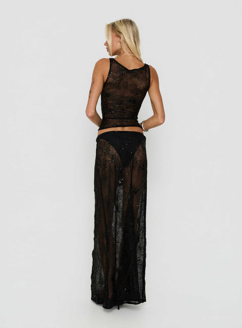 Hayess Sheer Embroidered Maxi Skirt Black womens-skirts in maxi length back view of model wearing Princess Polly