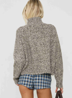 Presenting the Faida Funnel Neck Knit Jumper Brown Speckle womens-jumpers with short length back view of model wearing Princess Polly