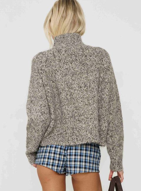 Presenting the Faida Funnel Neck Knit Jumper Brown Speckle womens-jumpers with short length back view of model wearing Princess Polly