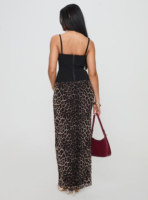 back view of model wearing Princess Polly Ergo Maxi Skirt Leopard Maxi Skirts Skirts 