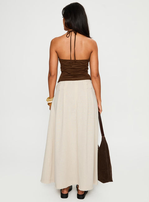 back view of model wearing Princess Polly Bohemian Spirit Maxi Skirt Beige Maxi Skirts Skirts 