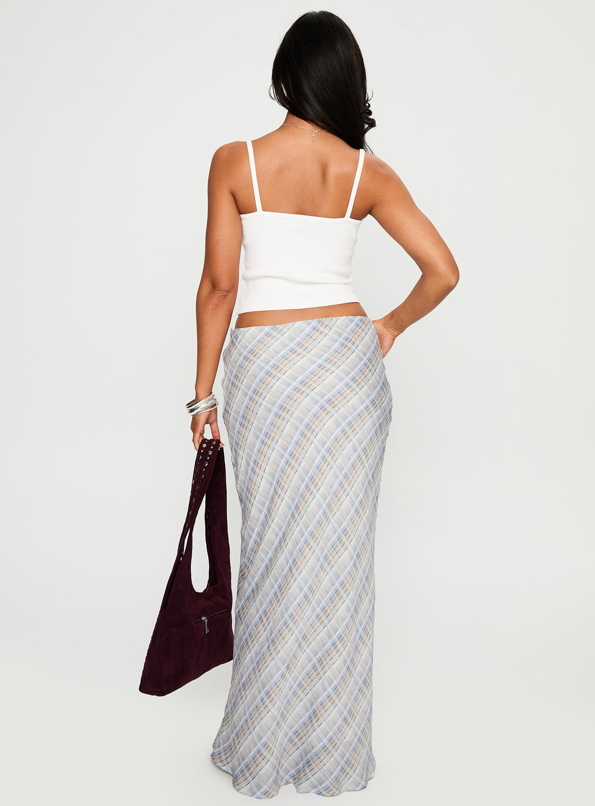back view of model wearing Princess Polly Quianna Maxi Skirt Multi Maxi Skirts Skirts 