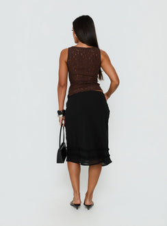 back view of model wearing Princess Polly Clarabella Frill Midi Skirt Black Midi Skirts Skirts 