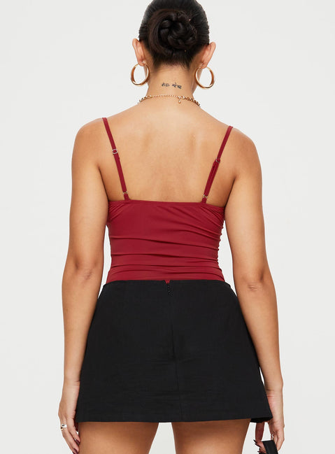 back view of model wearing Princess Polly Damsel Bodysuit Burgundy Sleeveless Bodysuit 