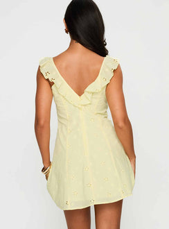 back view of model wearing Princess Polly Sunbather Mini Dress Yellow Sweetheart Neckline 